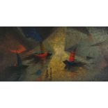 R JONES (British 20th Century) Oriental Sailing Vessels, Oil on board, Signed lower right, 15.5" x