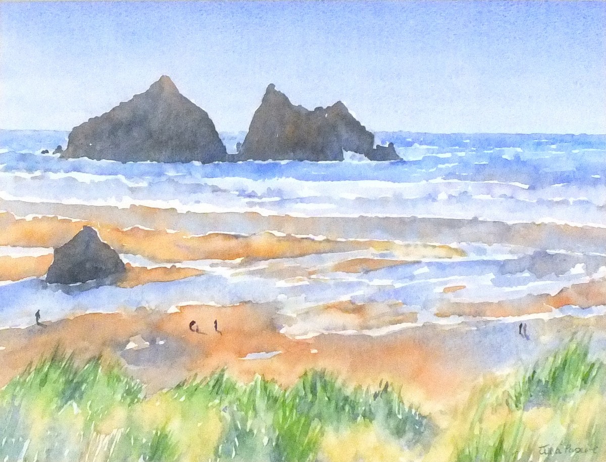 Julia PASCOE (British b. 1967) Holywell Bay, Watercolour, Signed lower right, titled and signed on