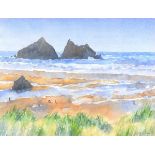 Julia PASCOE (British b. 1967) Holywell Bay, Watercolour, Signed lower right, titled and signed on