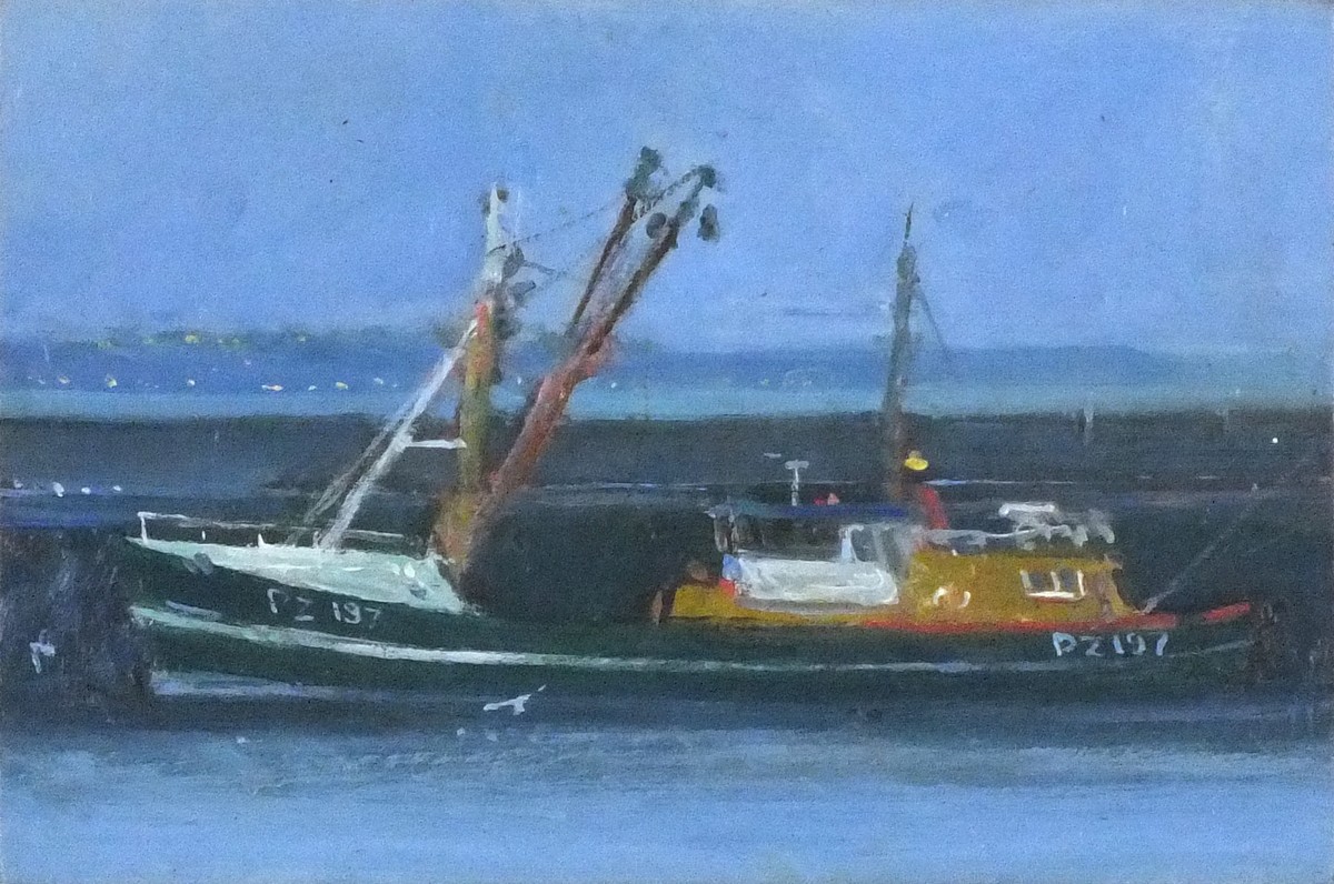 Robert JONES (British b. 1943) Beam Trawler Newlyn, Oil on board, titled and signed verso, 6.75" x