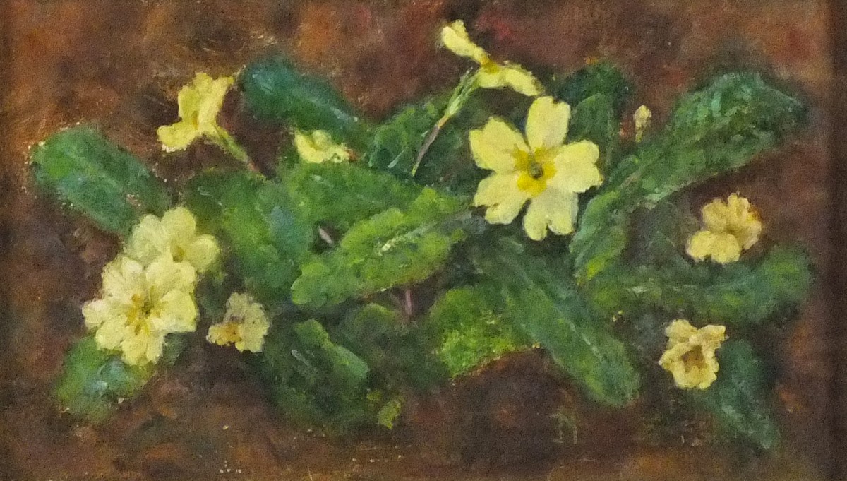 Jean MARRIOTT (British 20th Century) Primroses II, Oil on board, Signed with initials lower right,