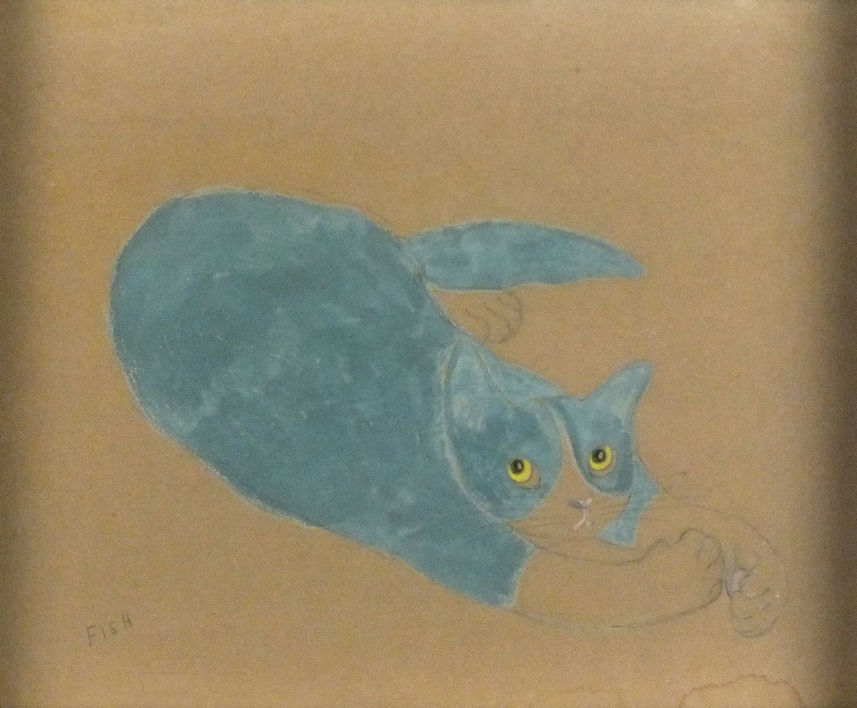 Anne SEFTON aka FISH (British 1890-1964) Velveteen - stretching cat, Watercolour, Signed lower left,