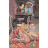 John HARVEY (British b. 1936) Nude Study - seated on a rug before a table and toilet mirror, Oil