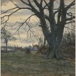 G B F (British 19th Century) Ancient Tree in Parkland with Farm Beyond, Watercolour, Signed with