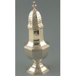 A large silver sugar caster, Birmingham 1931, S Blanensee, of octagonal baluster form, 219 gms