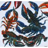 Rita JONES aka Siren (British 20th Century) Lobsters, Acrylic on canvas, Signed with pseudonym lower
