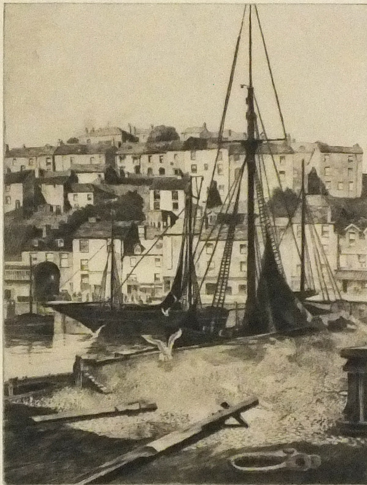 J HARLEY (British 20th Century) Brixham Harbour- Devon, Dry-point engraving, Signed and titled in