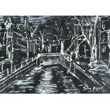 John PIPER (20th Century) Canal Scene, Gouache grisaille, Signed lower right, 10.5" x 15" (27cm x
