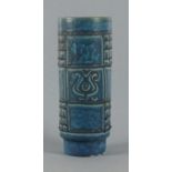 British 20th Century a blue glazed cylindrical vase, decorated with cross-hatched squares and