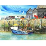Sarah BASSETT (British b.1937) Moored Boat by Quayside (Whitstable, Kent), Watercolour, Signed lower