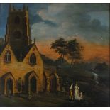 Late 18th Century Primitive English School Figures Outside a Church in an Italianate Landscape,