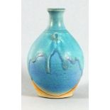 British 20th century celedon dribbled glaze pottery vase, with vestigial lugs to neck and indistinct