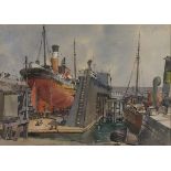 Norman Thomas JAMES (British 1892-1980) Trawler in Dry Dock Boulogne, Watercolour, Signed lower