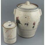 Michael POWERS (British 1949) a lidded twin handle storage jar, grey glazed and decorated with