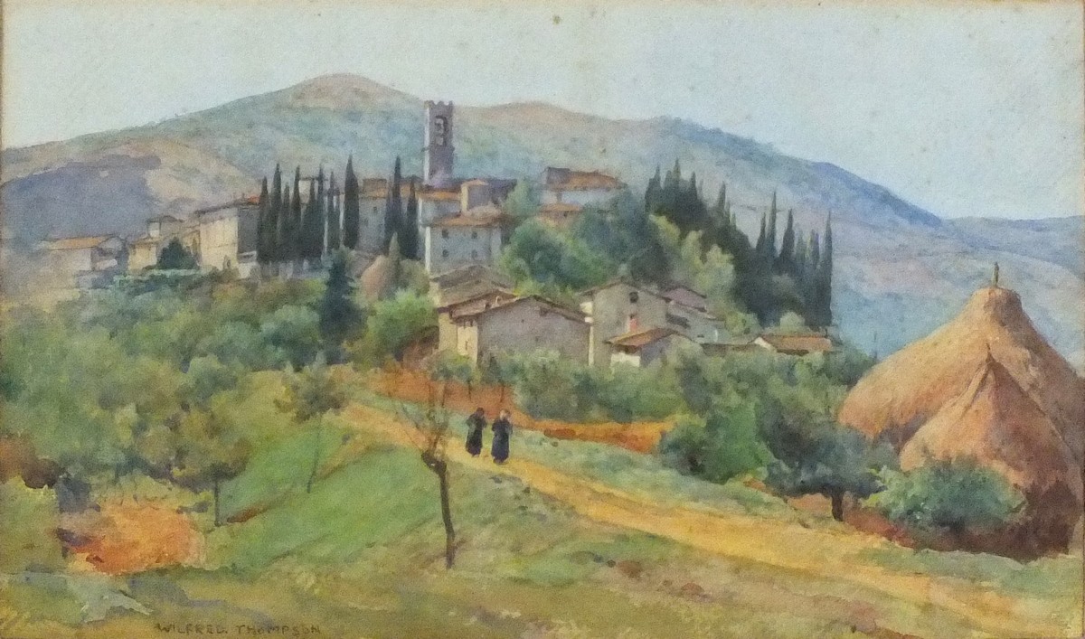 Wilfred THOMPSON (British 19th/20th Century) Italian Hill-top Village, Watercolour, Signed lower