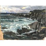 20th Century British school, Rocky Cornish Headland, Oil on board, Indistinctly signed, titled and