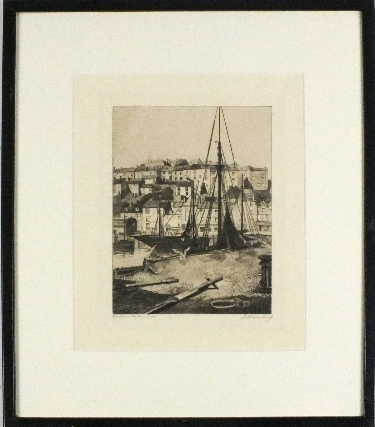 J HARLEY (British 20th Century) Brixham Harbour- Devon, Dry-point engraving, Signed and titled in - Image 2 of 2