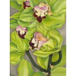 Jo BEER (20th/21st Century) Green Orchids, Oil on canvas, Signed lower left, signed, titled and
