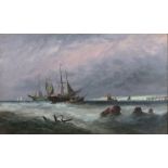 British School 19th Century  Vessels off the Coast Evening, Oil on board, 11.5" x 19.75" (29cm x