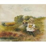 British School early 20th Century Young Girls with a Basket of Flowers in a Meadow, Watercolour,