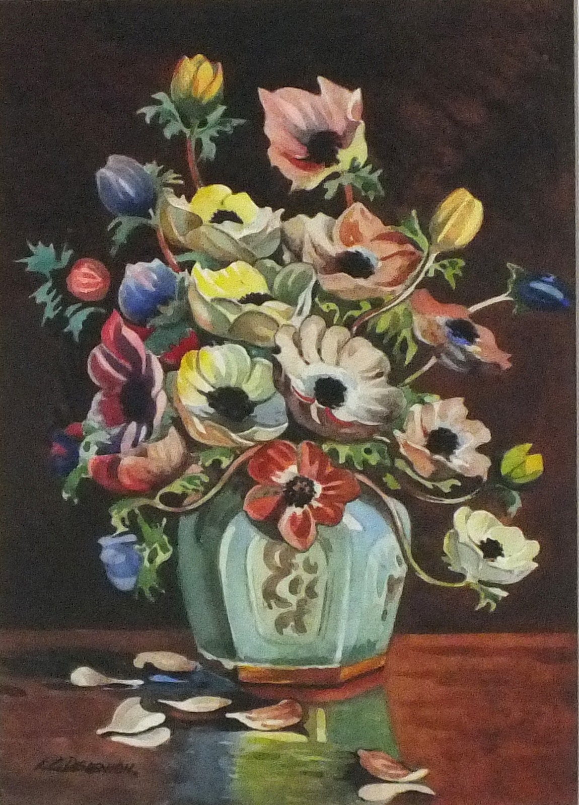 L G DEVENISH (British 20th Century) Anemones in a Chinese vase, Watercolour, Signed lower left, 8.