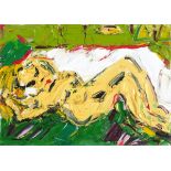 Sean HAYDEN (British b. 1979) Nude on a Green Bed, Oil on canvas, Signed lower left,, signed and