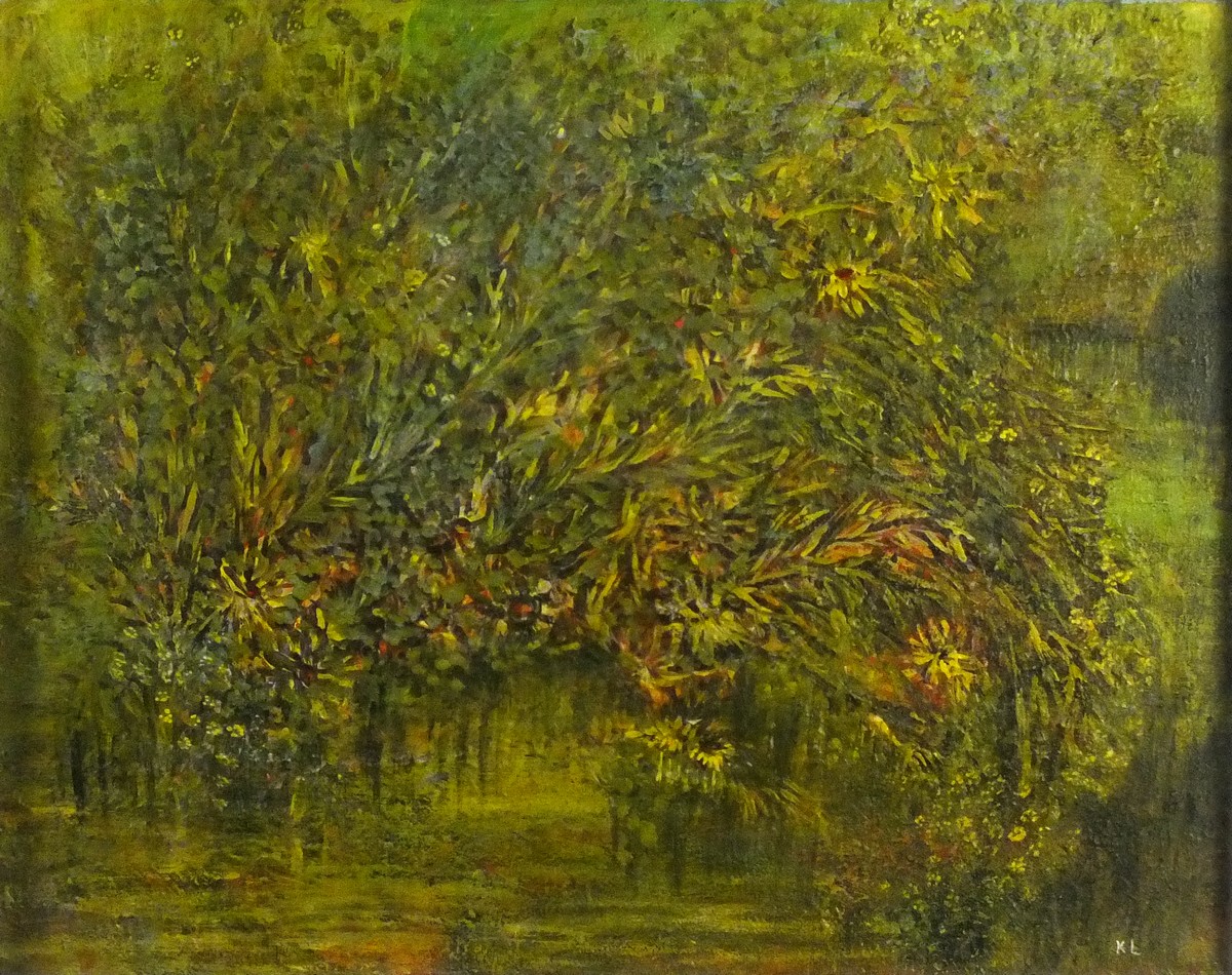 Kathy LANCASTER (British 20th/21st Century) Shrubbery, Oil on board, Signed with initials lower