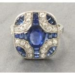 An Art Deco style sapphire and and diamond dress ring, 5gms