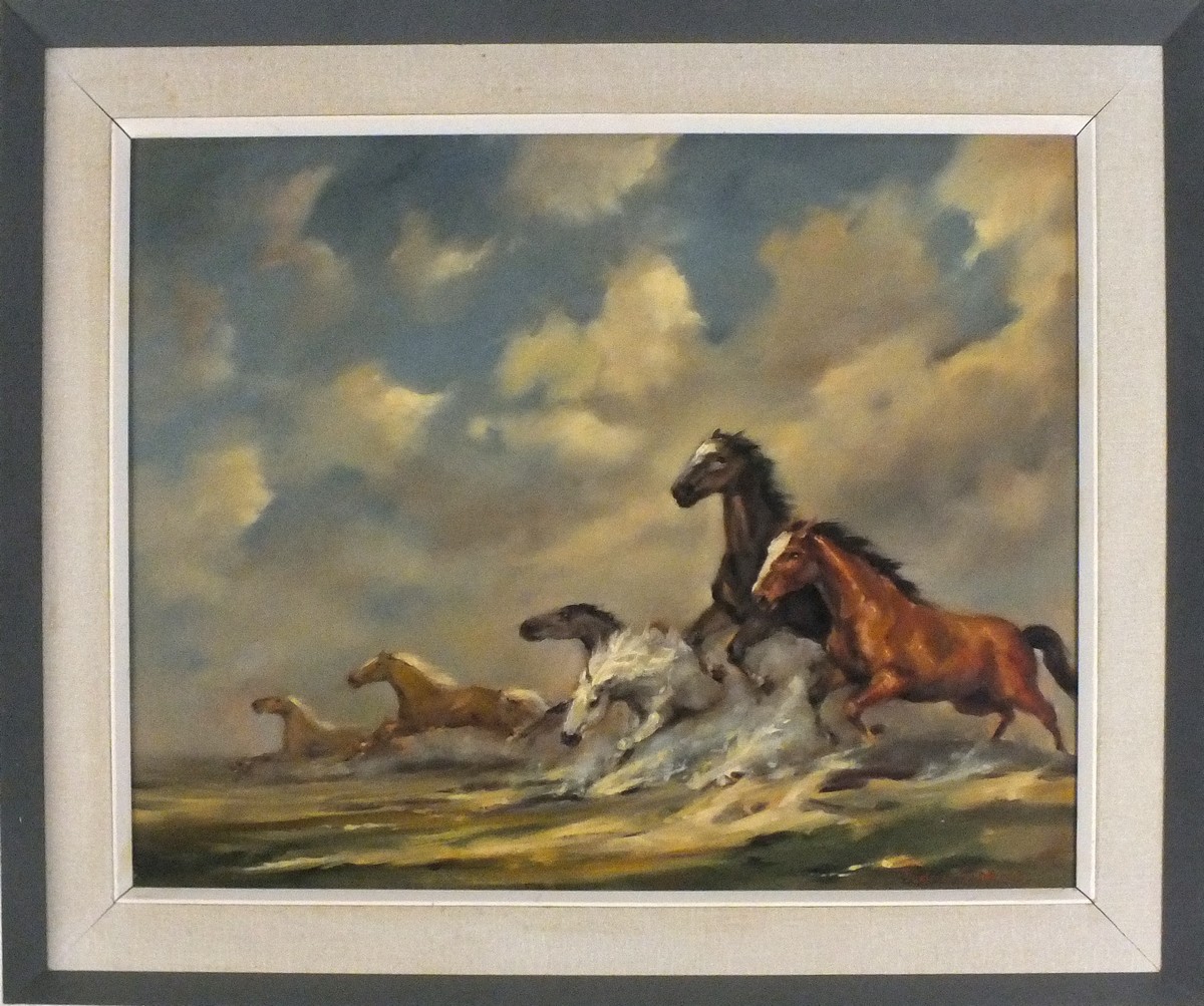 Gudrun SIBBONS (German/British b. 1925) Galloping Horses, Oil on board, Signed lower right, 15.25" x - Image 2 of 2