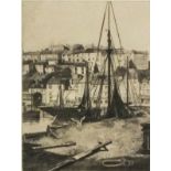J HARLEY (British 20th Century) Brixham Harbour- Devon, Dry-point engraving, Signed and titled in