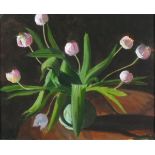 WITHDRAWN Tom BROOKE (British b. 1948) Pink Tulips in a Vase, Acrylic on board, Signed and dated