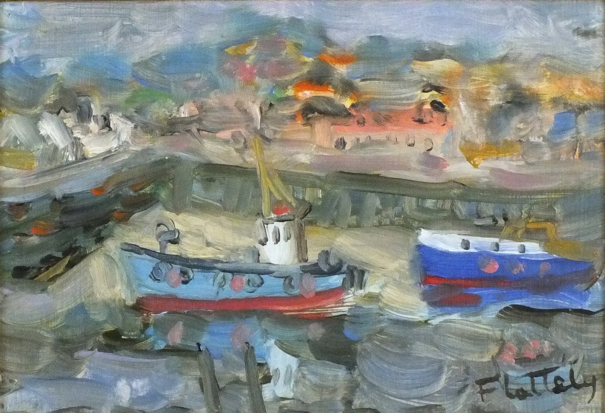 Alastair FLATTELY (Scottish 1922-2009) Fishing Boats West Bay, Oil on board, Signed lower right,