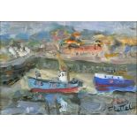Alastair FLATTELY (Scottish 1922-2009) Fishing Boats West Bay, Oil on board, Signed lower right,