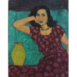 British 20th Century Portrait of a Woman Wearing a Red Dress, Oil on board, 21" x 18" (53cm x