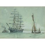 James H JERRAM (20th Century) Windjammer and Paddle Tug, Watercolour, Signed lower left, 9.75" x