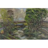 June WOOLLEY (British 20th Century) Quite Backwater with Bridge and Boathouse, Oil on board,