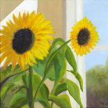 Lesley BICKLEY (British b. 1955) Sunflowers, Sue's Window, Oil on canvas, signed with initials and