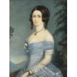 English School 19th Century Lady with Ringlets and Wearing a Blue Dress, Watercolour on ivory, 4.75"