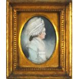English School early 19th Century Woman Wearing a Mob Cap, Blue Dress and White Pinafore,