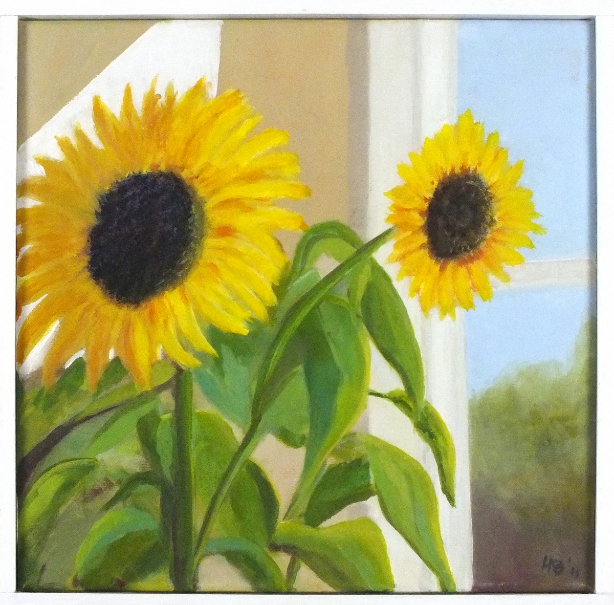 Lesley BICKLEY (British b. 1955) Sunflowers, Sue's Window, Oil on canvas, signed with initials and - Image 2 of 2