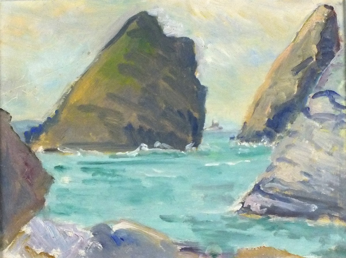 Elizabeth Lamorna KERR (British 1904-1990) Kynance Cove, Oil on board, inscribed verso by artists