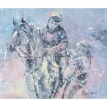 Maggie PICKERING (British b. 1940) Jockey on his Mount in the Snow, Watercolour, Signed lower right,