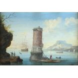Manner of Marco RICCI Tower and Figures with an Extensive Bay Beyond with Shipping, Gouache, 6.75" x