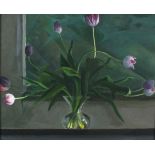 WITHDRAWN Tom BROOKE (British b. 1948) Purple Tulips in a Vase, Acrylic on board, Signed and dated