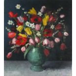 Louise ARNOLD (20th Century) Summer Flowers in Green Vase, Oil on canvas, Signed lower left, 30" x