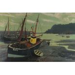 P F TUNSTILL (British 20th Century) Brixham fishing boats alongside at low tide on the Teign, Oil on