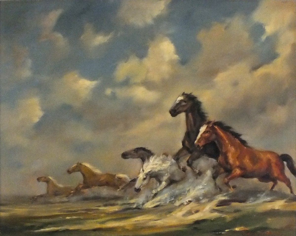 Gudrun SIBBONS (German/British b. 1925) Galloping Horses, Oil on board, Signed lower right, 15.25" x