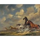 Gudrun SIBBONS (German/British b. 1925) Galloping Horses, Oil on board, Signed lower right, 15.25" x
