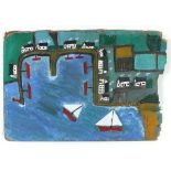 Jon GRIMBLE (British b. 1942) Cornish Harbour, Acrylic on re-purposed plywood, 13.75" x 21.75" (35cm