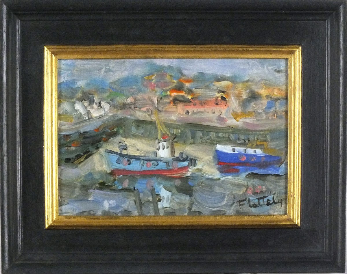 Alastair FLATTELY (Scottish 1922-2009) Fishing Boats West Bay, Oil on board, Signed lower right, - Image 2 of 2